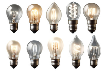 Glowing isolated light bulbs on a transparent background.