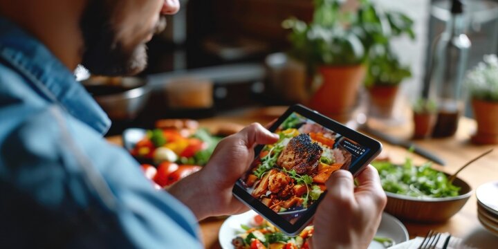 A man capturing a photo of a delicious plate of food. Perfect for food bloggers and restaurant reviews