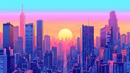  Sunset or sunrise Modern city skyscrapers panorama of tall buildings, urban background. Pop art retro vector illustration comic caricature 50s 60s style vintage kitsc © Azad