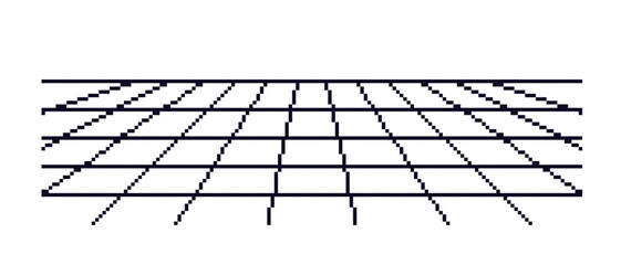 Pixel black perspective mesh template. Digital blank surface with techno curve grid lines in 80s electronic style with simple vector design