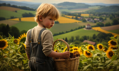 Young Child with Basket Standing in Sunflower Field Overlooking Rolling Hills and Rural Village, Capturing Idyllic Countryside Beauty