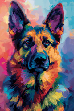 a image of a beautiful german shepherd dog painted in bright colors