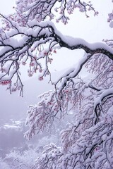 Winter landscape. Forest bushes and trees after heavy snowfall. Horizontal photo. AI generated illustration