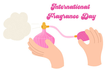 Hand holding a pink parfume. Cologne and fragnance, scent.International Fragrance Day.