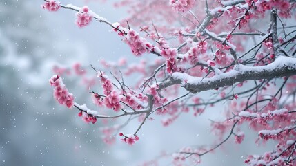 The branch of tree has covered with heavy snow and sunset time in winter season. AI generated illustration - obrazy, fototapety, plakaty
