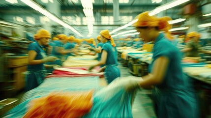 Generative AI, asian textile sewing factory with many workers, motion blurred photo