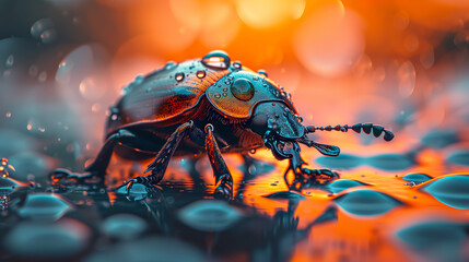 Macro shot of an bug, in bright colors with water drops, extreme close-up