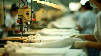Generative AI, asian textile sewing factory with many workers, motion blurred photo - obrazy, fototapety, plakaty