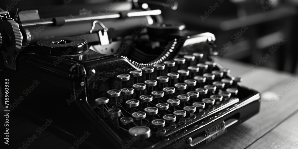 Poster An old typewriter captured in a black and white photograph. Perfect for adding a touch of nostalgia to any project or design