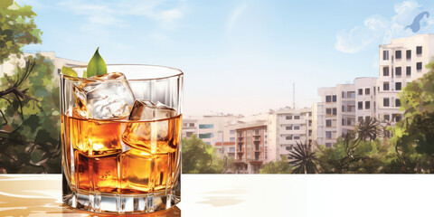 Scotch or whiskey glass on the table with a large hotel complex on the background. - obrazy, fototapety, plakaty