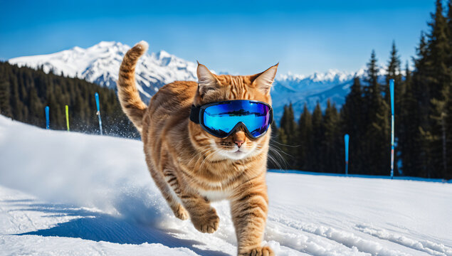 A goggled cat swiftly descending on the ski slopes
