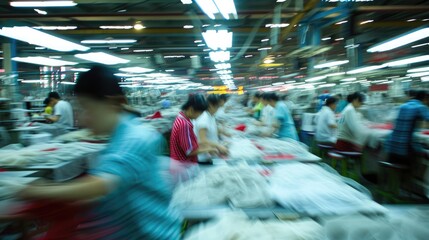 Generative AI, asian textile sewing factory with many workers, motion blurred photo - obrazy, fototapety, plakaty