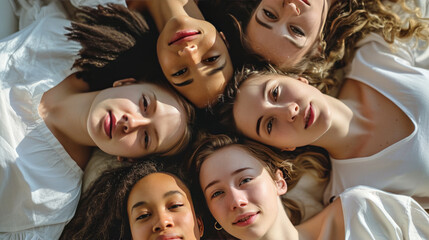 Obraz premium Group of young women lying on the ground in a circle, heads together, smiling and looking up at the camera.