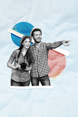 Horizontal photo collage of two smiling partners cuddle hold photo camera pointing with finger...