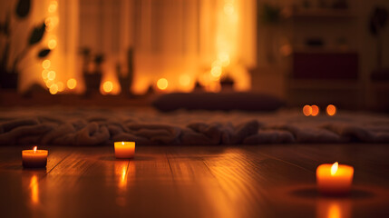A soothing yoga nidra session in a dimly lit comfortable studio.
