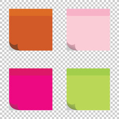 Multicolor post it notes isolated on transparent background. Colored sticky note set. Sticky note collection with curled corners and shadows. Vector realistic illustration. EPS file 2. 