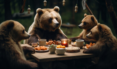 Enchanting Family of Bears Enjoying a Rustic Outdoor Tea Party in the Woods, Fantasy Wildlife Scene