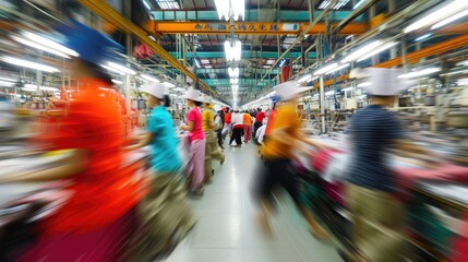 Generative AI, asian textile sewing factory with many workers, motion blurred photo - obrazy, fototapety, plakaty