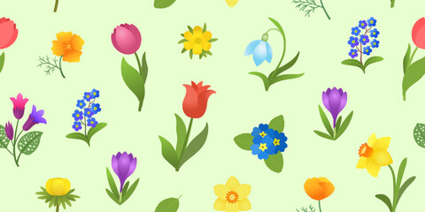Spring floral seamless pattern. Springtime background endless repeat design. Vibrant floral pattern. Early spring garden flowers bloom. Crocus, snowdrop, daffodil, tulips, forget-me-nots, pulmonaria.