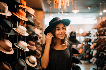 Fototapeta na wymiar Smiling young woman buying hats in a shop