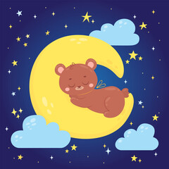 Cute baby bear sleeping on a moon on the background starry night sky. Cartoon hand drawn character for invitation, poster, sticker, print and greeting card. Childish vector illustration