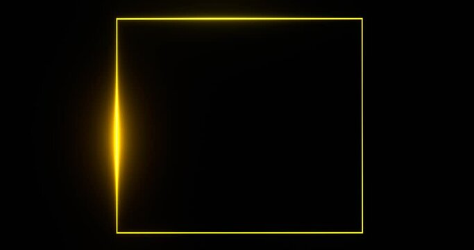 Square golden frame with glowing beam template. Yellow blank banner illuminated by 3d render gold luminous line moving along perimeter for design of effective advertising and led shows