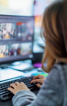 A Woman Working On A Computer, Seen From Behind