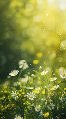 Sunny sky with spring field with growing flowers and grass. AI generated illustration