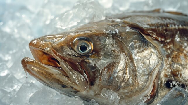 A detailed close-up shot of a fish lying on a bed of ice. This image can be used to depict freshness, seafood, cooking, or fish markets
