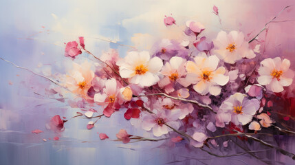 Artistic Floral Painting of Delicate Spring Flowers in Pastel Tones, Perfect for Elegant Backgrounds