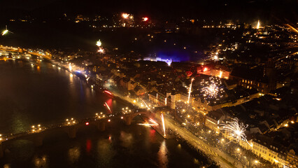 Heidelberg von oben mit Feuerwerk