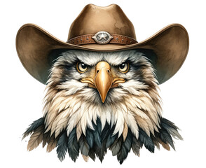 Watercolor of American Bald Eagle with cowboy hat isolated on transparent background.