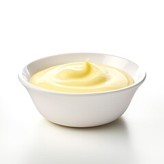 Delicious vanilla custard in a bowl isolated on white background, Tasty vanilla pudding in ramekin and flower - obrazy, fototapety, plakaty