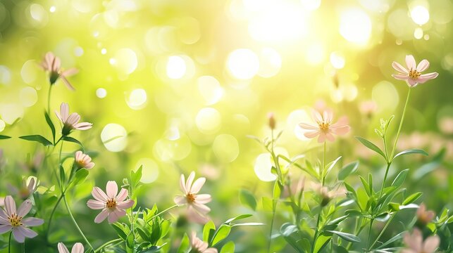 Sunny sky with spring field with growing flowers and grass. AI generated illustration