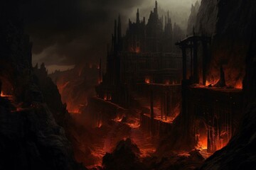 Artwork depicting a gloomy infernal ambiance with a dim fortress nestled in a ravine. Generative AI