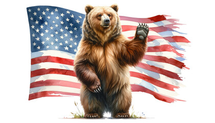Watercolor illustration of a grizzly bear standing and saluting in front of a flowing American flag, isolated on transparent background.