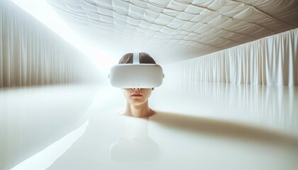 Wide-angle shot of face in VR headset, surreal in milky white liquid, straight-on view.
