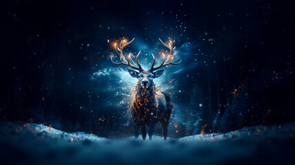 Silver glowing magical stag in dark forest