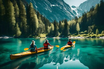 kayaking on the lake - obrazy, fototapety, plakaty