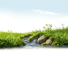 Water flowing from grassy area isolated on white background