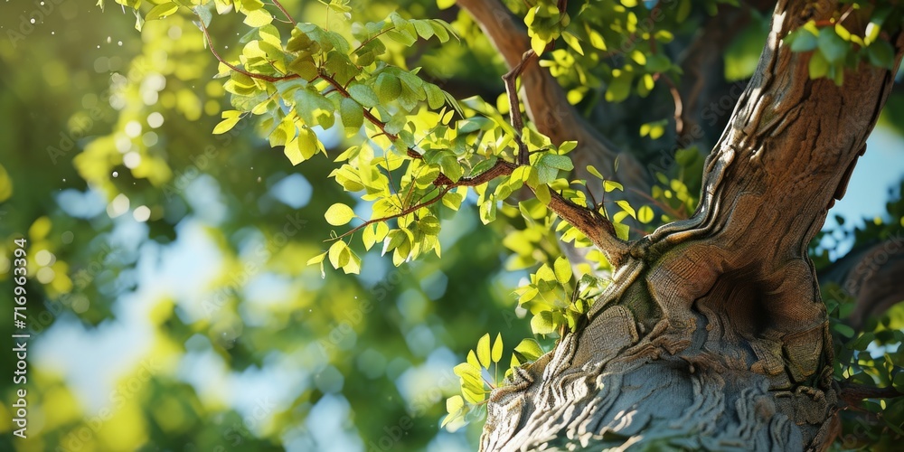 Poster a detailed view of a tree trunk with vibrant green leaves. perfect for nature-themed projects and ed