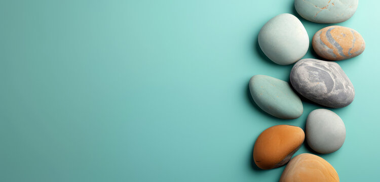 Assorted pebbles lined up against a light blue gradient background, peaceful and calming.