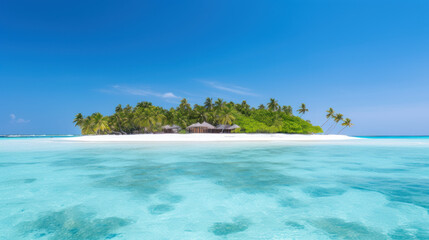 Tropical island and clear blue sea, whole island is seen