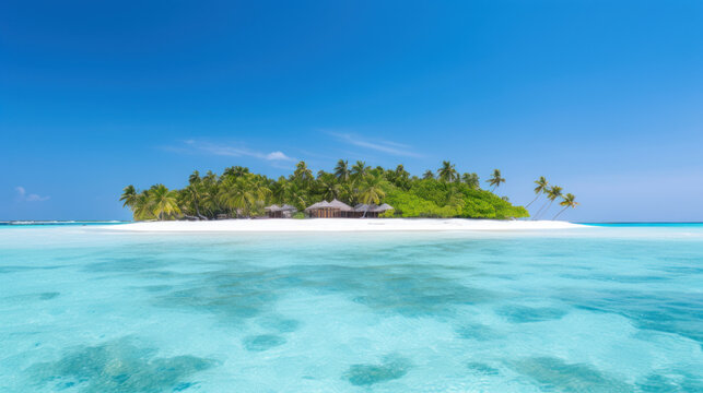 Tropical island and clear blue sea, whole island is seen