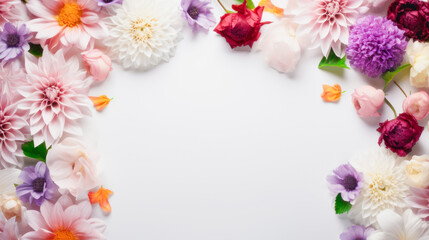 The white background is surrounded by multicolored flowers