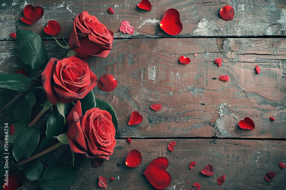 Poster a beautiful bunch of red roses sitting on top of a wooden table. perfect for romantic occasions or a