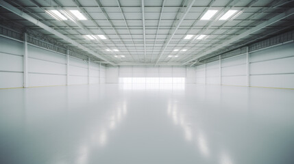 Big empty warehouse interior, shiny floors - obrazy, fototapety, plakaty
