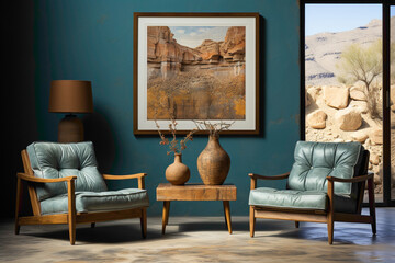 Picture the tranquility of a space adorned with brown and teal chairs. 