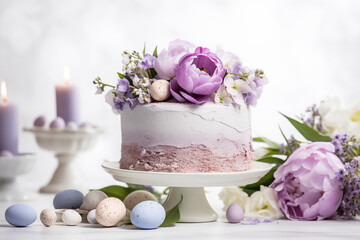 Obraz na płótnie Canvas Easter cake and eggs on white background with bouquet of flowers. Happy Easter