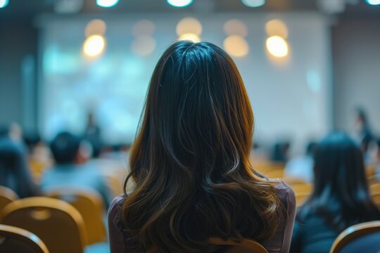 A View Of The Back Of A Woman's Head In A Conference Room. Suitable For Corporate And Business-related Themes